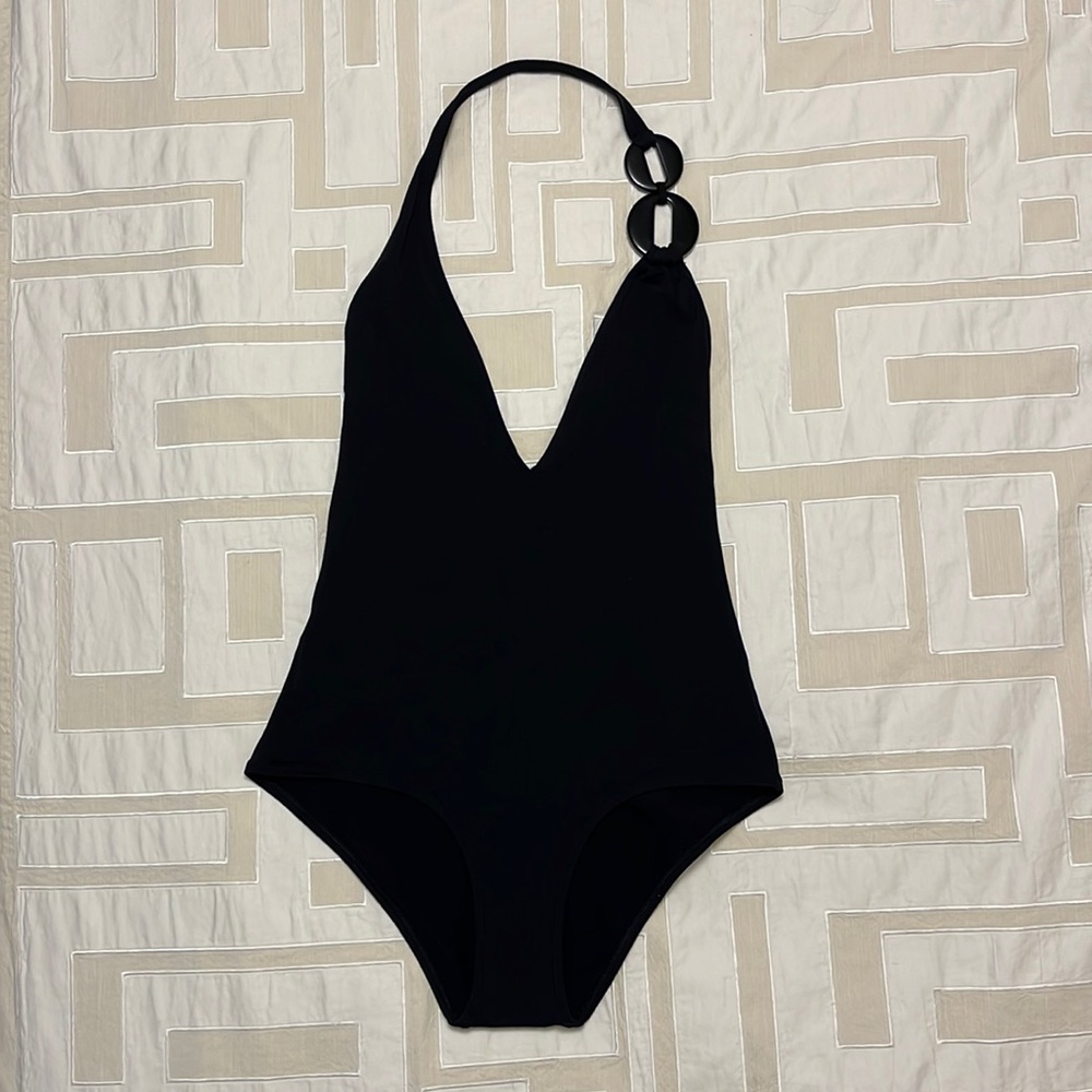 Laura Urbinati Black Halter One-Piece Swimsuit with Ring Embellishments